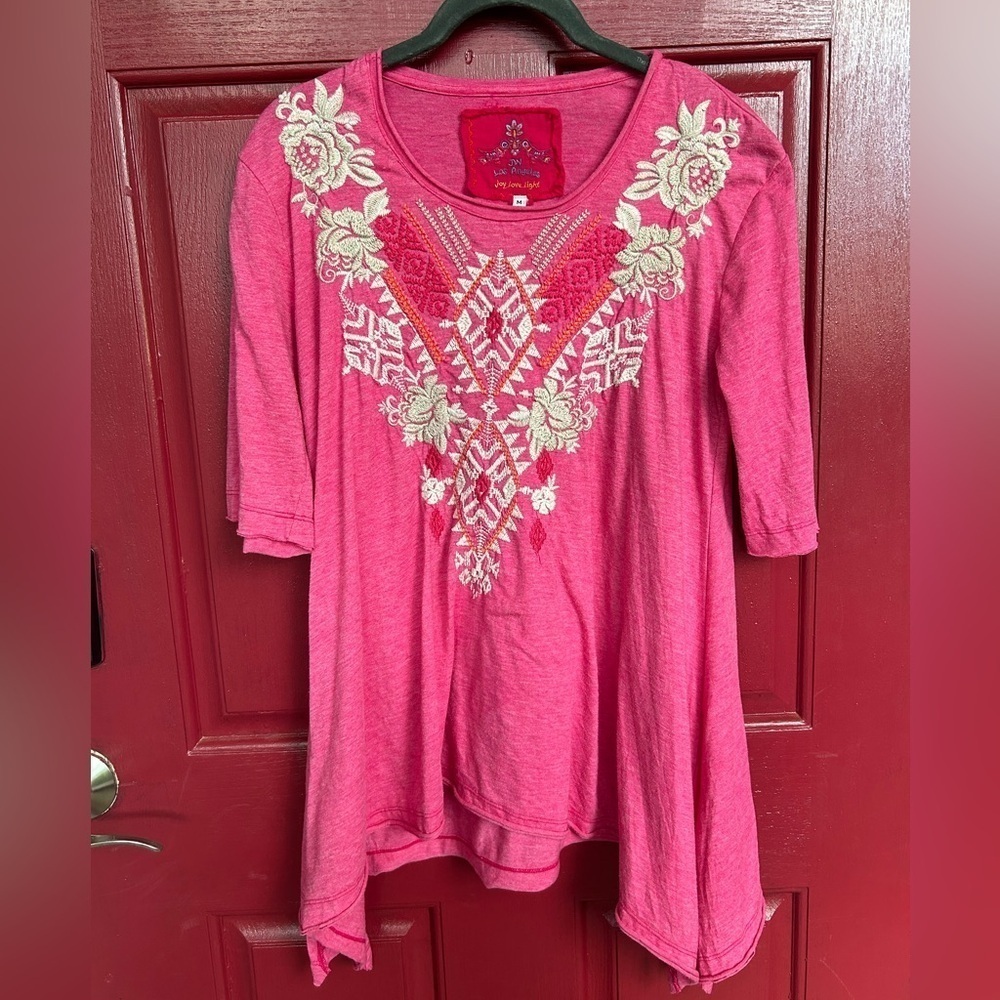 Johnny Was Pink Embroidered V-Neck Tunic Top